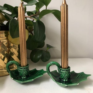 Set of Two Vintage Holly Christmas Candlestick Holders.