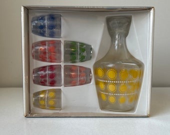 Vintage Boxed French Liquor Service Set with Decanter and Six Shot Glasses