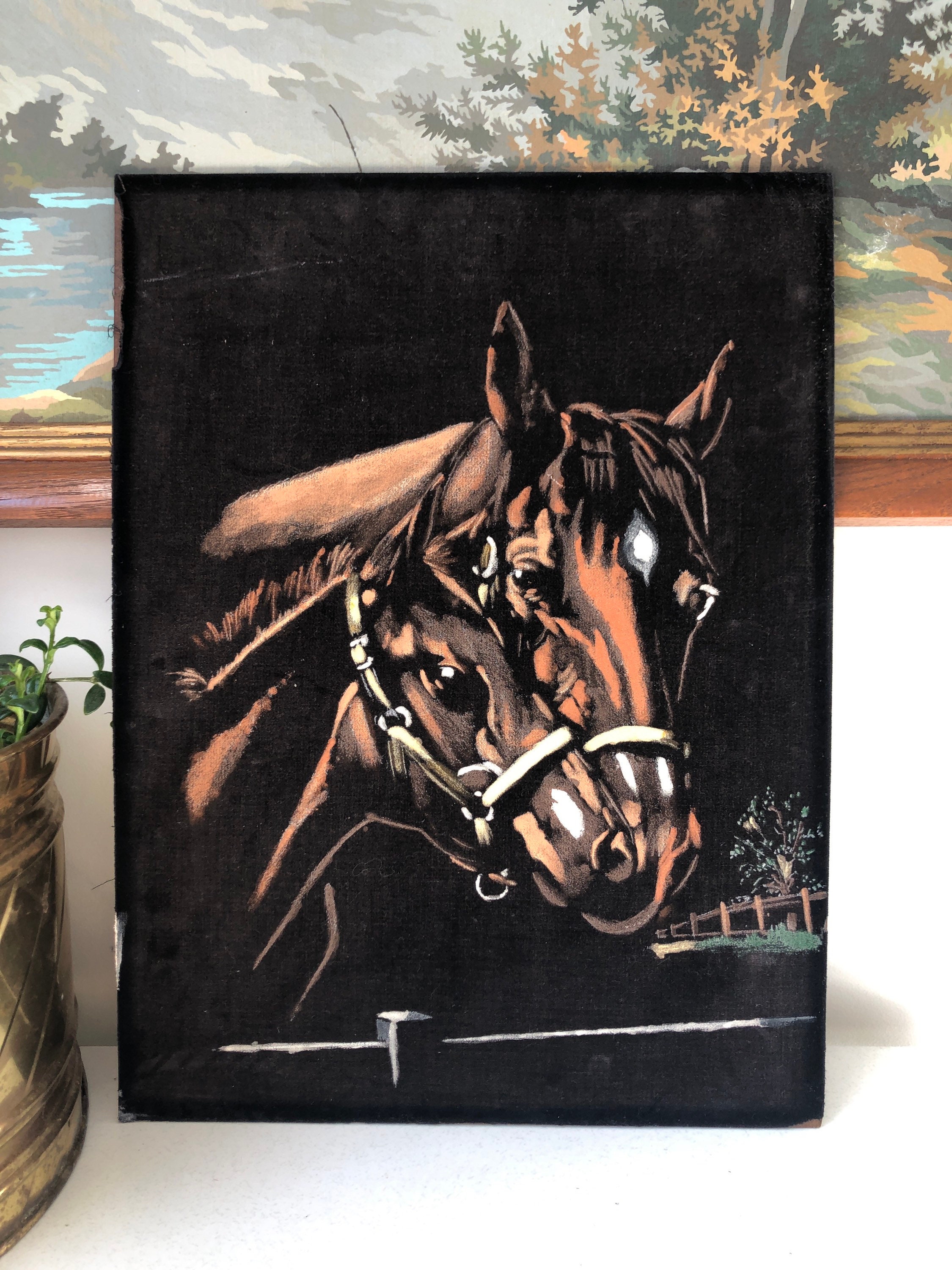 Vintage Black Velvet Painting of a Horses