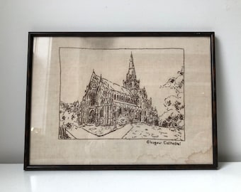 Vintage Framed Needlepoint Drawing of Glasgow Cathedral