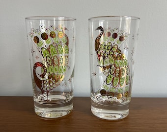 Set of 2 MCM Dominion Gold and Green Peacock Embossed Drinking Glasses