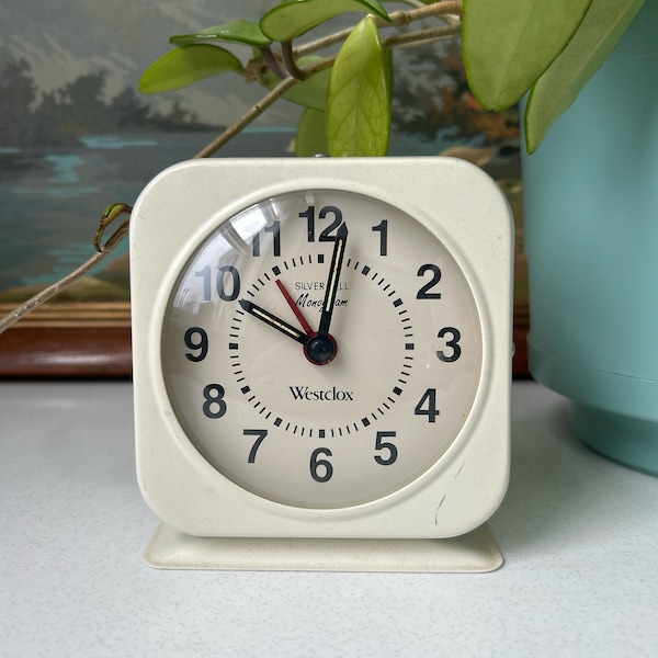 Vintage Westclox Silver Bell Monogram Square Wind Up Bedside Alarm Clock