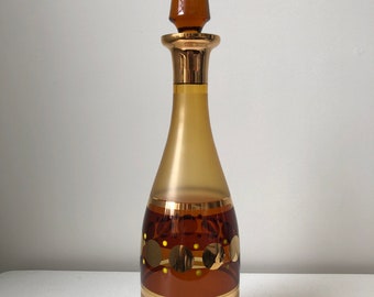 Vintage Mid Century Modern Amber Glass Decanter / Frosted Bohemia Gold Circles with Stopper