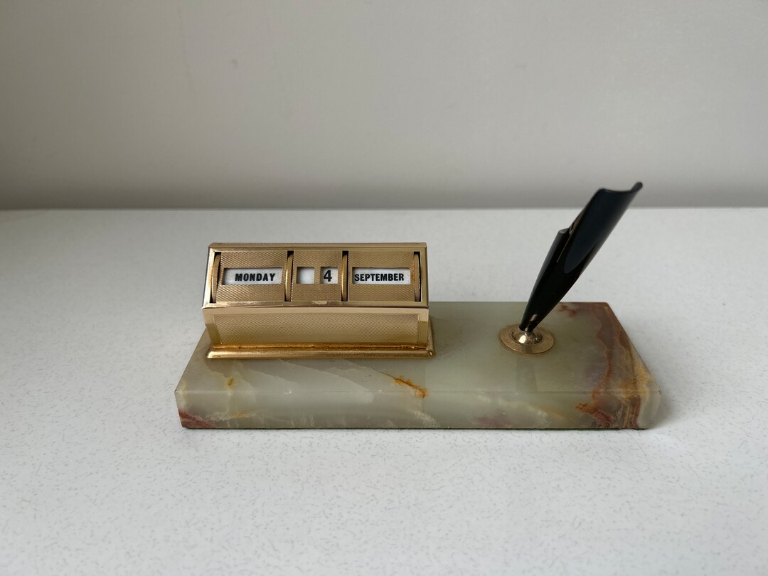 Vintage Brass Perpetual Calendar and Pen Holder With Marble
