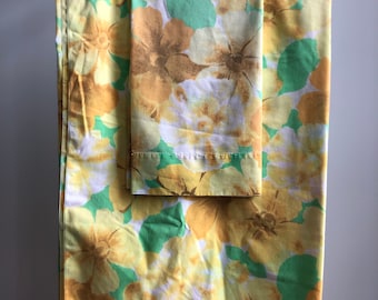 Vintage Set of Double Flat Sheet and Pillowcase / All Over Yellow Floral and Greenery