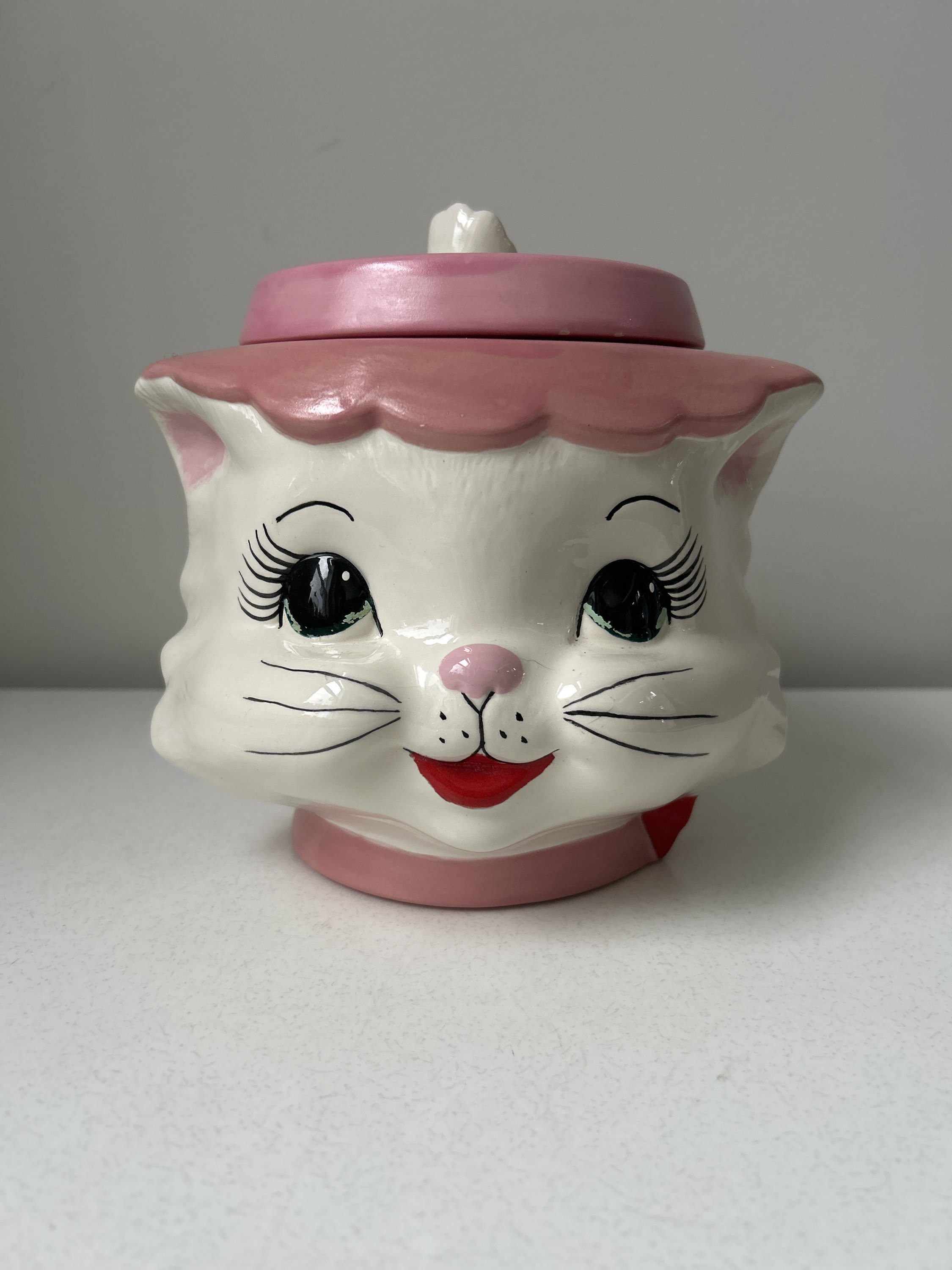 Lefton Miss Priss Kitty CatCookieJar Vintage White and Pink