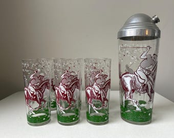 Vintage Hazel Atlas Polo Player 1950s Cocktail Shaker and 6 Tall Glasses