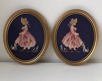 Vintage Framed Oval Crewel Lady Walking her Dog