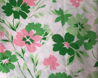 Vintage Queen Flat Sheet Pink and Green All Over Floral