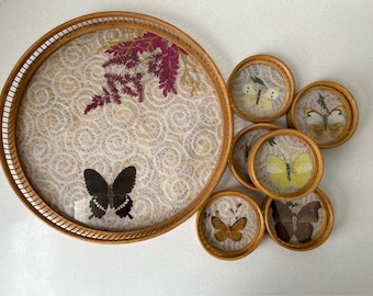 Vintage Bamboo Set of 6 Pressed Butterfly Coasters and Tray
