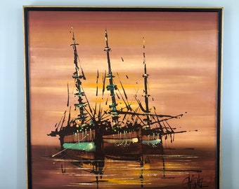 MCM Framed Vintage Original Painting of Ships Signed by Candace