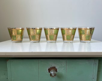 Set of 5 Culver Prado Green 22K Gold Whiskey Rock Glasses