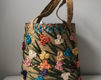 Large Vintage Floral Raffia Tote Bag Bahamas