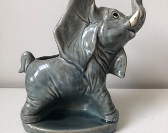 Vintage Hand Painted and Glazed Ceramic Elephant Planter Dresser Caddy