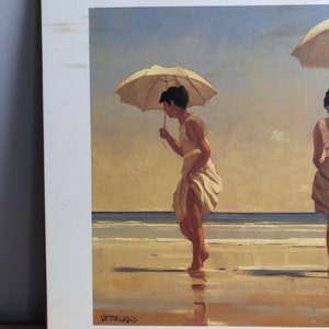 Vintage Wood Mounted Jack Vettriano Mad Dogs Print / Portland Gallery / Beach Scene Ladies and Man with Parasols image 3