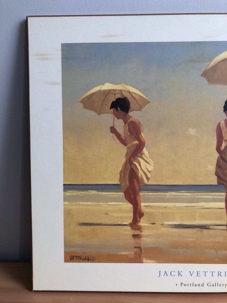 Vintage Wood Mounted Jack Vettriano Mad Dogs Print / Portland Gallery / Beach Scene Ladies and Man with Parasols image 3