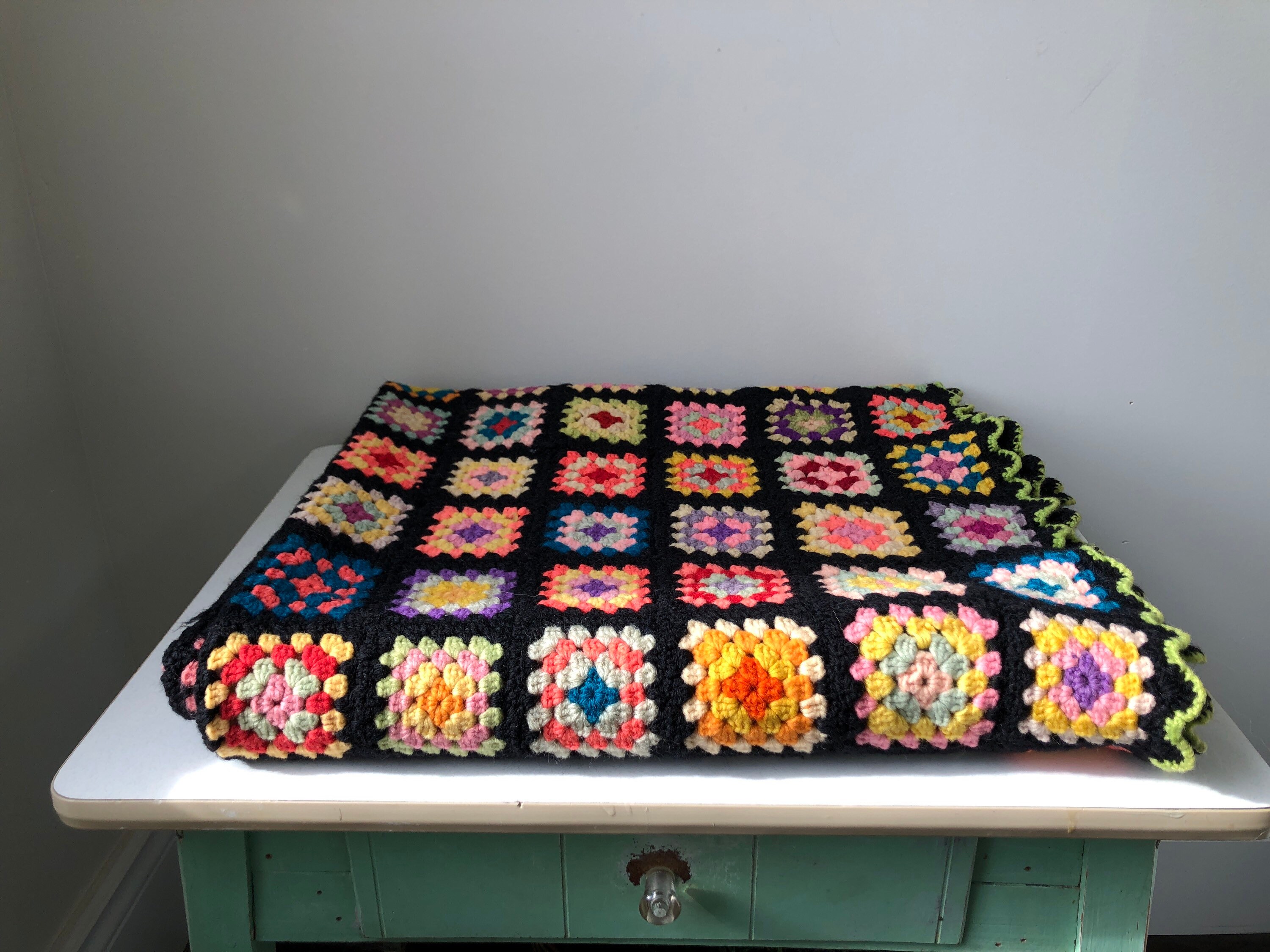 Vintage Colourful Granny Square Crochet Blanket Green Border