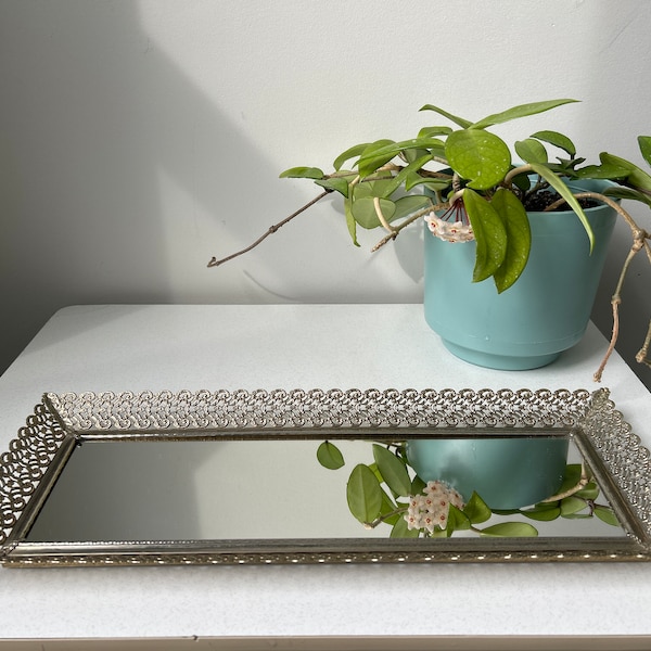 Vintage Rectagle Filigree Brass Mirrored Bathroom Vanity Tray