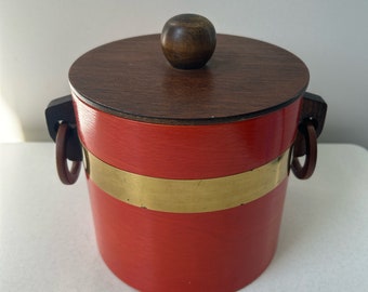 Vintage Teak Orange Brown and Gold Ice Bucket with Lid