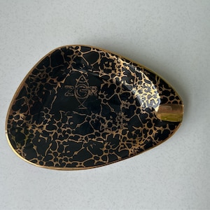 Vintage Coin Ashtray Black Satin Ceramic Encrusted Coins