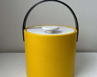 Vintage Large Yellow and White Hinge Lid Vinyl Wrapped Ice Bucket with Black Handle