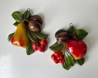 Set of 2 Vintage Chalkware Fruit Cluster Wall Hangings