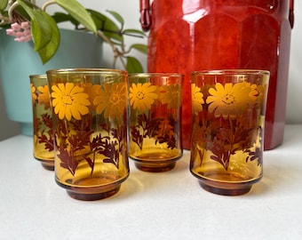 Set of 4 Libbey Amber Juice Glasses with Gold and Brown Flowers