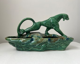 Vintage Mid Century Ceramic Green Panther Planter / Dresser Caddy