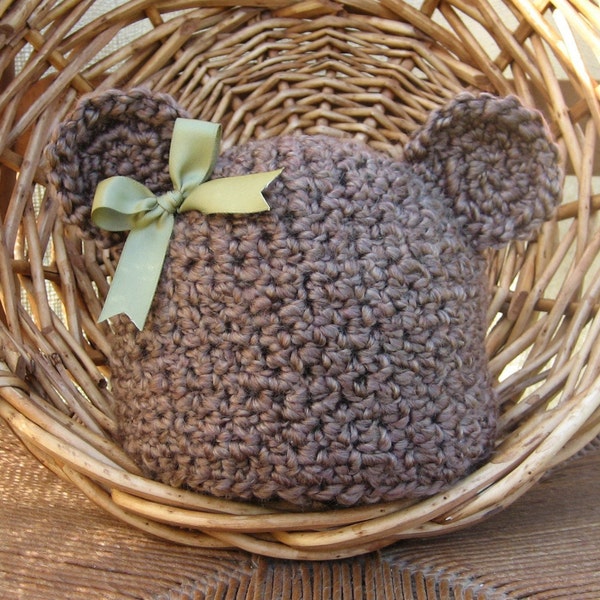 FREE SHIPPING Sweet Little Bear Baby Hat in Chocolate with Sage bow Photography Prop