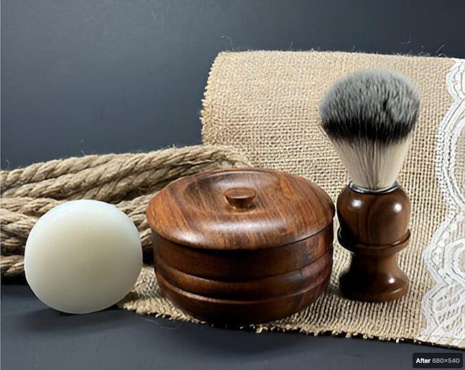 Handmade Wood Shaving Set: Bowl with Lid, Brush & Fragrance-Free Soap