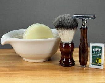 White Ceramic Shave Set: Japanese Lather Bowl, Vegan Brush, Safety Razor