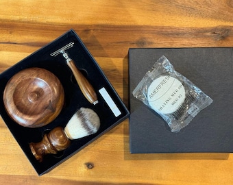 Handmade Wood Safety Razor wooden Bowl Mug Brush Soap Puck Blade Shaving Kit Man Shave Holiday Gift Set for Dad Father Husband Boyfriend