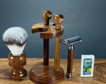 Handmade Wooden Shaving Kit for Men Synthetic Vegan Brush Safety Razor & Stand-3PC Gift Set
