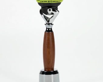 Personalized Wood Handle Razor for Gillette Flex ball Fusion 5 Blades, Stand Included