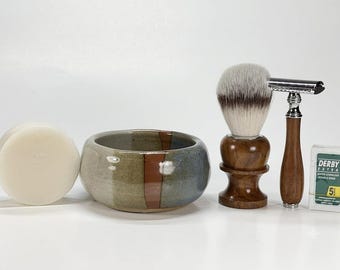 Personalized Shaving Set Soap Ceramic Bowl Mug Cup Pottery Wood Safety razor brush
