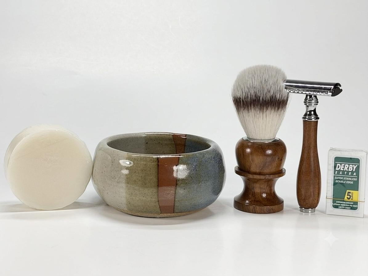 Personalized Shaving Set Soap Ceramic Bowl Mug Cup Pottery Wood Safety razor brush