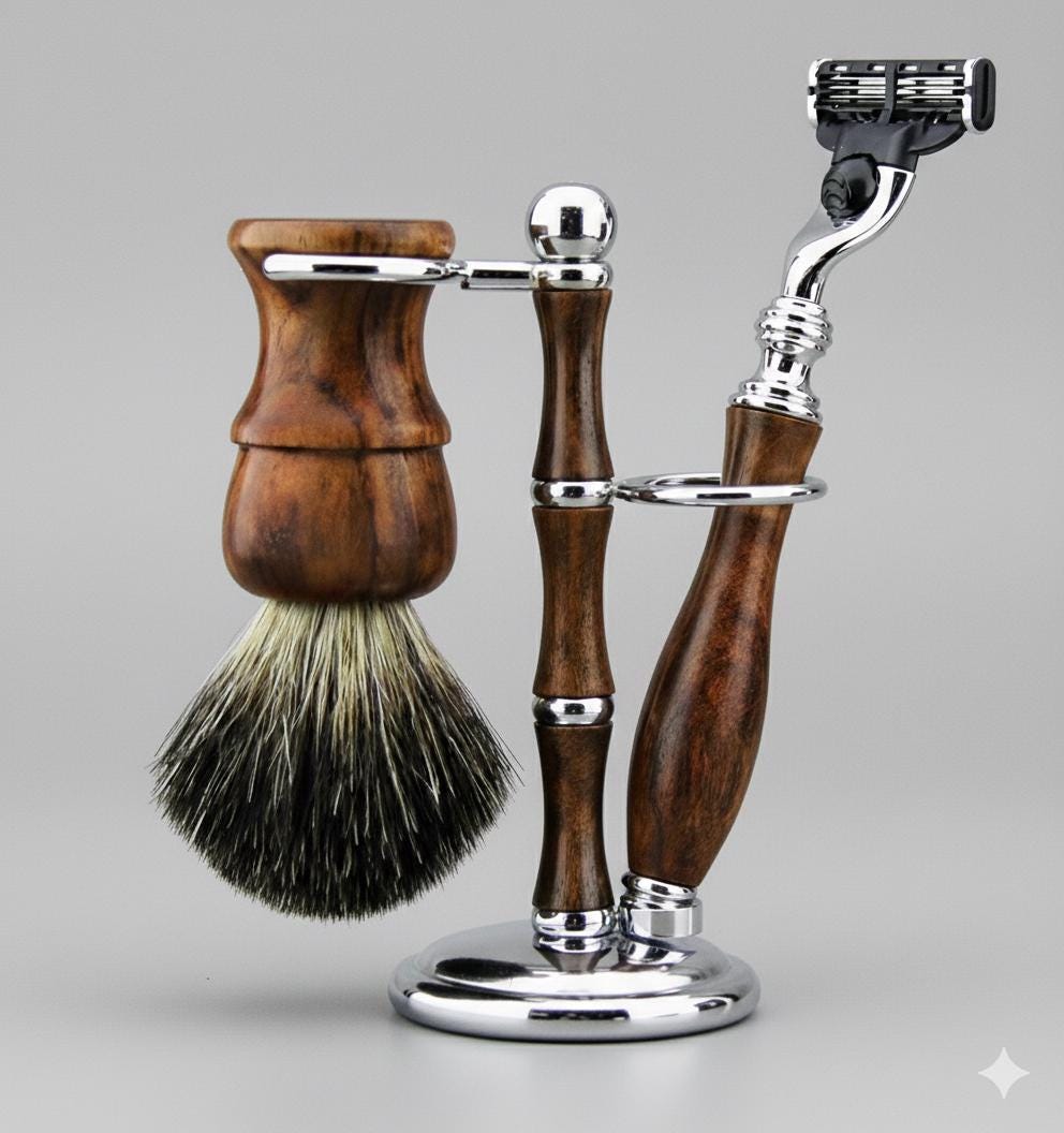 Handmade Wooden Shaving Kit: Wood Handle Mach 3 Razor, Faux Badger Brush & Stand