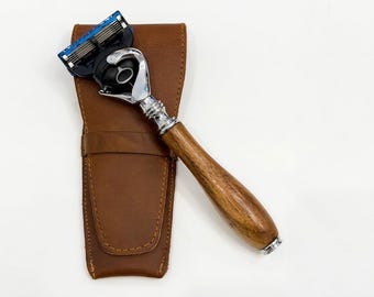 Custom Rosewood Razor: Gillette Fusion 5 Compatible, Distressed Leather Travel Case