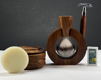 Handmade Wooden Shaving Set, Vegan Brush, Razor, Bowl, Gift for Him