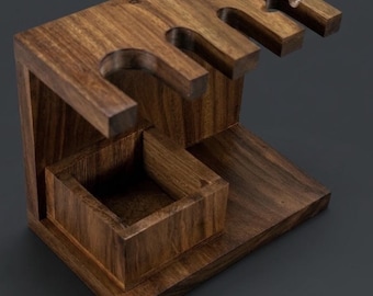 Handcrafted Wooden Shaving Brush & Razor Stand with Drip Tray (Fusion Slot)