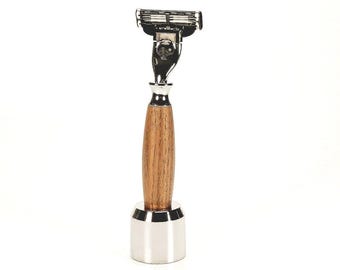 Custom Handcrafted Wood handle Razor with Metal Base Stand - Fits Gillette Mach 3 Blades
