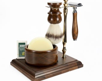 Personalized Men Grooming Gift Wooden Shaving Kit Safety Razor Vegan Hair Brush wood Bowl Gold Accent Stand