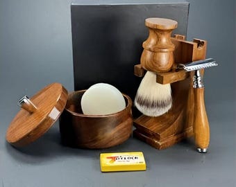 6 Piece Wooden Shaving Kit Safety Razor Stand, Brush, Mug, Soap & Blades Perfect Gift for Men Husband Dad Father boyfriend holiday Christmas