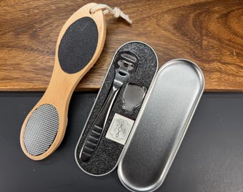 Bamboo Pedicure Brush Set: 4-in-1 Foot Scrubber, Pumice Stone, File, Razor (Aluminum Case)