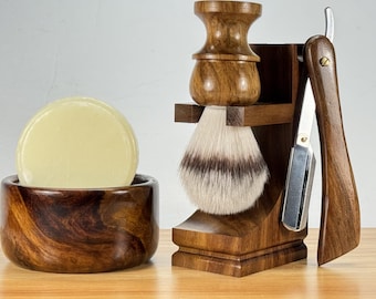 Handmade 5PC Shaving Kit: Wooden Stand, Vegan Brush & Clip Razor