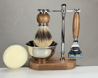 Wooden Shaving Kit Set: Faux Badger Brush, Safety Razor, Steel Bowl