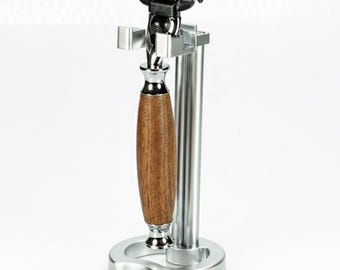 Custom Handcrafted Wood handle Razor with Metal Stand - Fits Gillette Mach 3 Blades