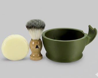 3D Printed Shaving Lathering Bowl 3PCS Shave set Wood Handle Shaving brush & Soap Green