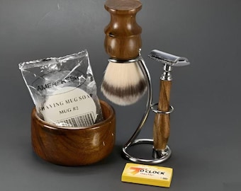 Men gift set Shaving Shave Set kit Wood Bowl Mug Soap wooden Safety Razor Faux Badger Hair Brush Metal Stand W 5 Blade Handmade Holidays 6PC