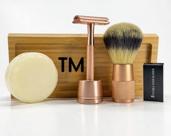 Rose Gold Safety Razor Set Reusable Metal Shaving Kit (5 Blades, Soap, Brush storage Tray)